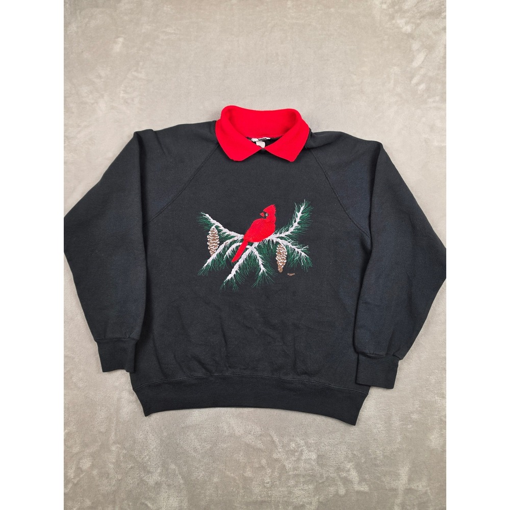 Vintage Lee Sweatshirt Womens L Black Collar Cardinal Bird Pinecone Nature USA